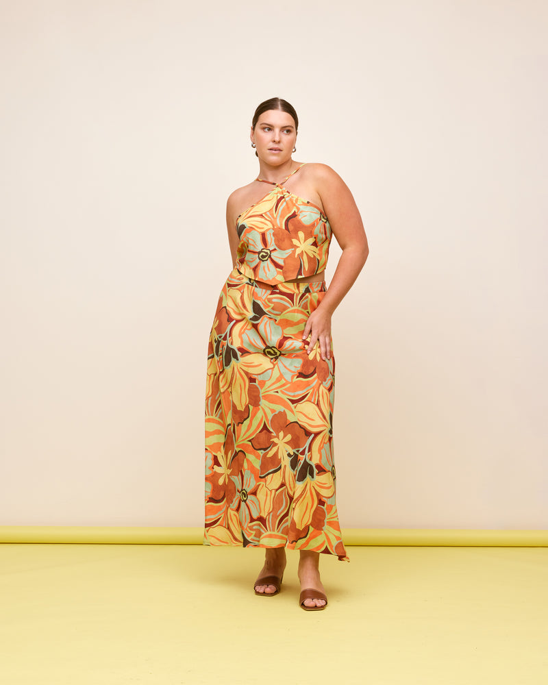 MELON SKIRT MELON FLORAL | A-line floor length skirt designed in a vintage-look 'melon' floral. The fabric of this skirt is a soft crepe which gives a floaty look with movement. Make it a set by pairing...