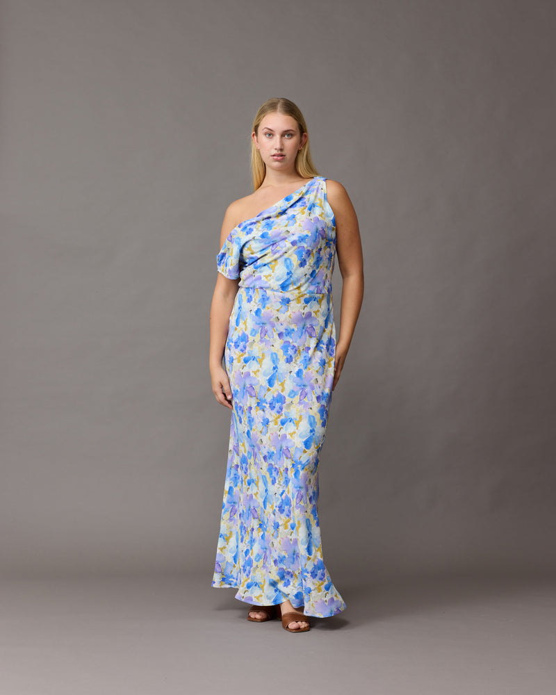 MELON MAXI DRESS BLUEBERRY FLORAL | Maxi slip dress with a cowl neckline, designed in our RUBY blueberry floral crepe. Wear this dress on the shoulder or as a one-shoulder silhouette.