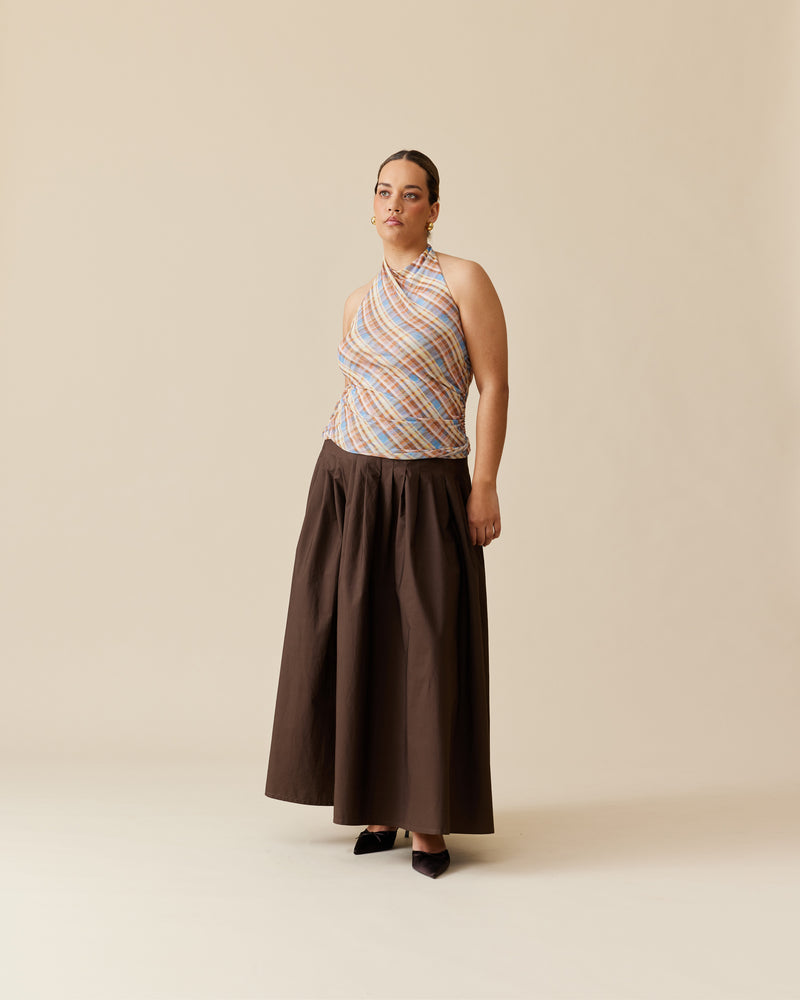 SANDLER SKIRT JAVA | Tennis-style maxi skirt with a pleated drop waist. Designed in a soft, java cotton, this skirt is floaty when you walk and is cool to wear.
