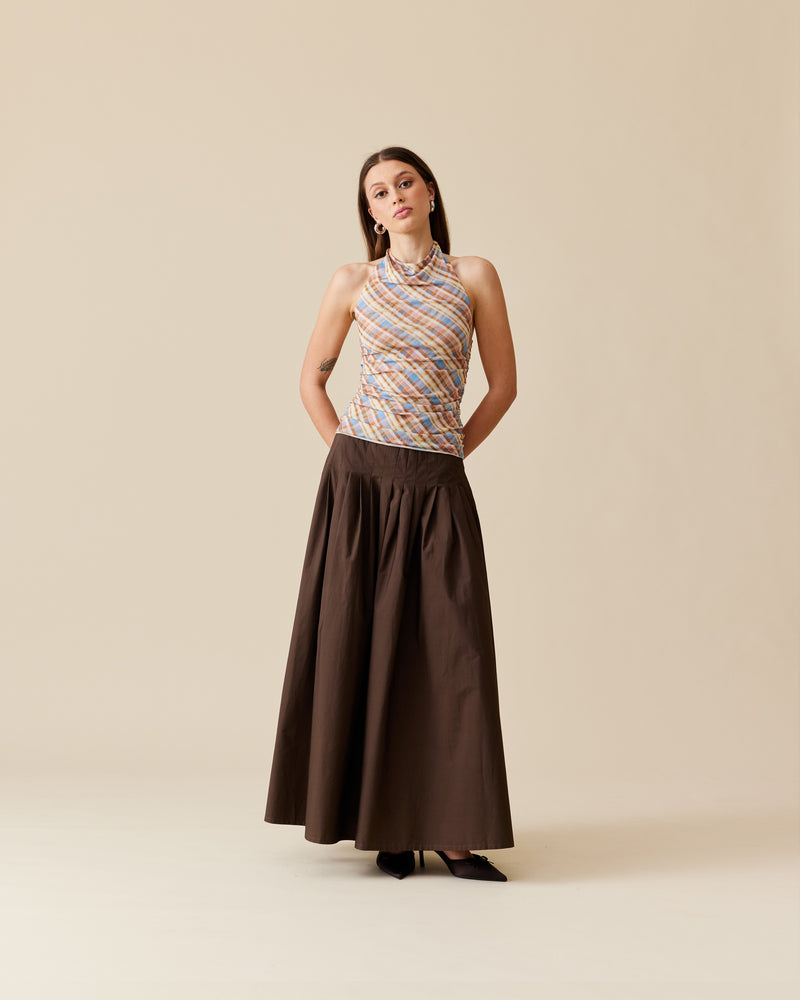 SANDLER SKIRT JAVA | Tennis-style maxi skirt with a pleated drop waist. Designed in a soft, java cotton, this skirt is floaty when you walk and is cool to wear.
