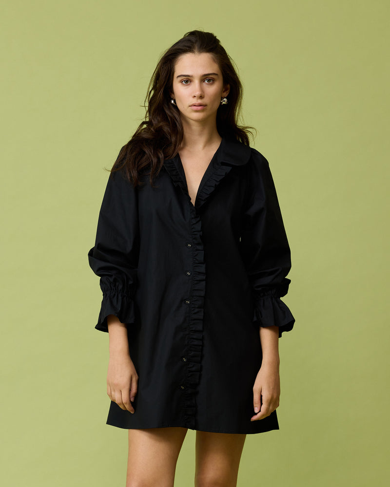 SANDLER LONG SLEEVE MINI DRESS BLACK | Button down long sleeve shirt dress with a feature ruffled collar and ruffles down the placket. Feature side pockets and an A-line silhouette.