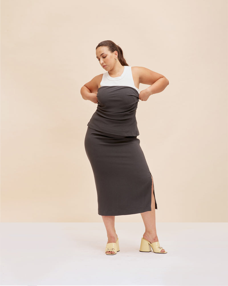 FIREBIRD BODICE COAL | Coal coloured bodice style top with pleated detail down the front, crafted in a crepe fabric that adds to the structure of the piece. In a strapless silhouette, this piece...