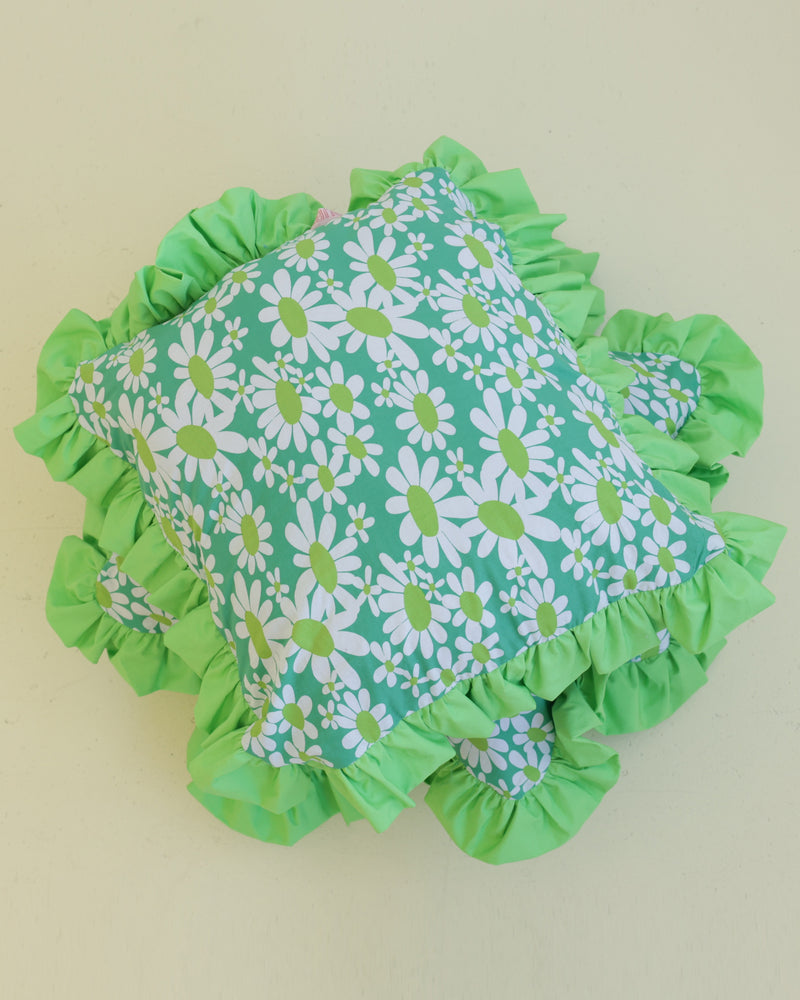 RUFFLE RECYCLED CUSHION GREEN | Our very own RUBY cushions have arrived! Medium size decor cushion designed in a green daisy print with a feature green ruffle. The perfect way to bring some colour into...