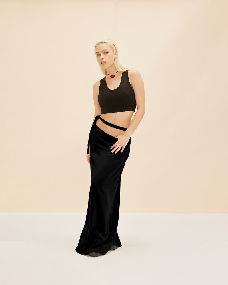 FIREBIRD TIE MAXI SKIRT BLACK | Tie waist maxi skirt cut in our signature Firebird fabric that can be tied to sit low, mid or high waisted. Elevated by the waist tie, this piece is a...