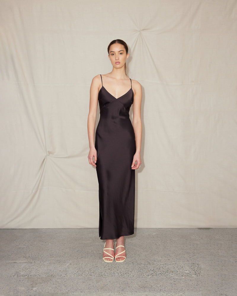 WEIRDLY SLIP ESPRESSO | Iconic bias cut slip dress with plunging neckline in a new longer length. A wardrobe staple in heavy weight double satin that is lush to wear, in a sheeny espresso...