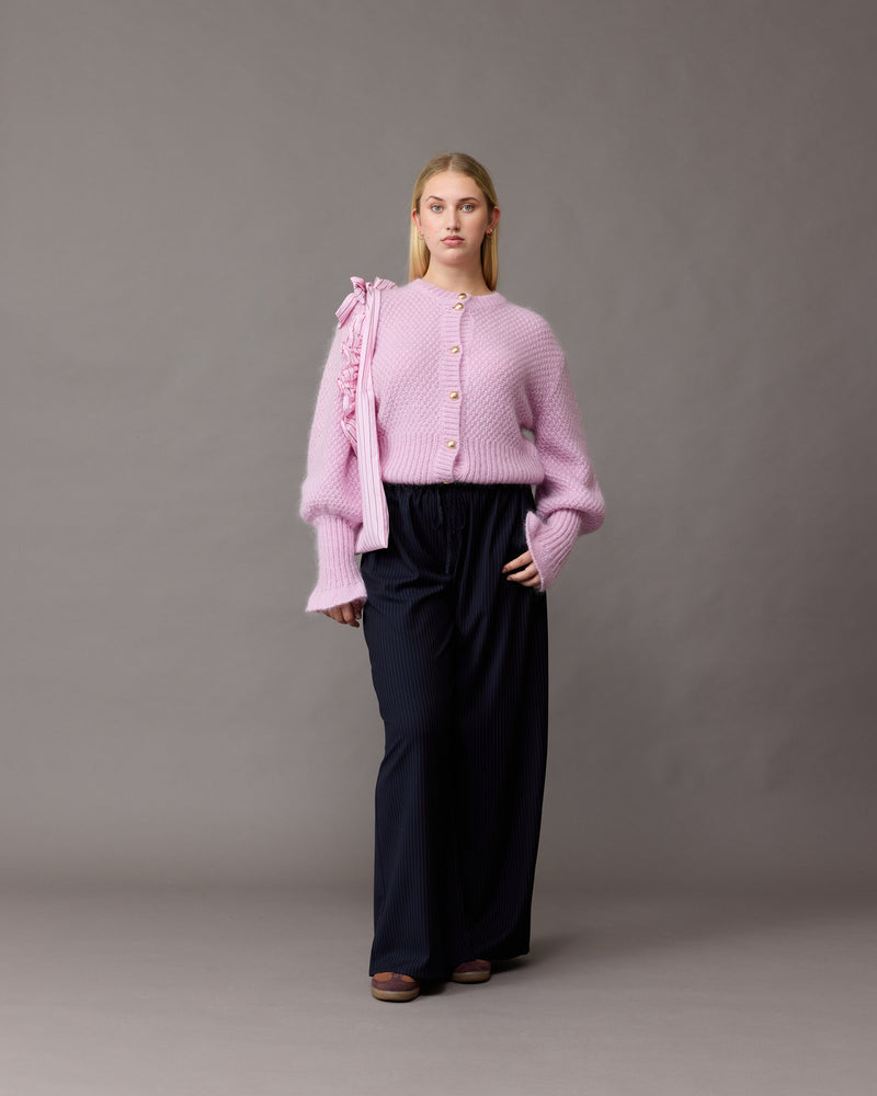 ANDIE PINSTRIPE PANT NAVY COPPER PINSTRIPE | Palazzo style elastic waist pants with a tie, in a mid-weight pinstripe suiting fabric. These pants are high-waisted, uncomplicated and, classically cool.