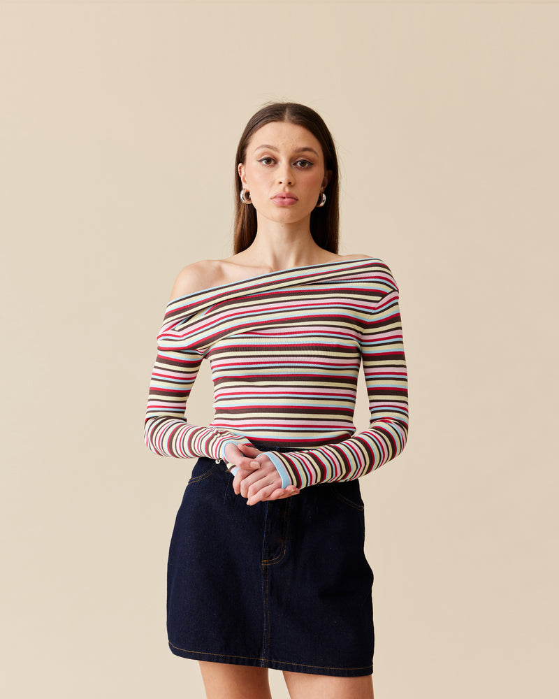 EMMA KNIT LONG SLEEVE  CANDY STRIPE | Off-shoulder long sleeve knitted top crafted in a candy striped mid-weight knit. This top is simple yet elegant and can be worn on or off the shoulder.
