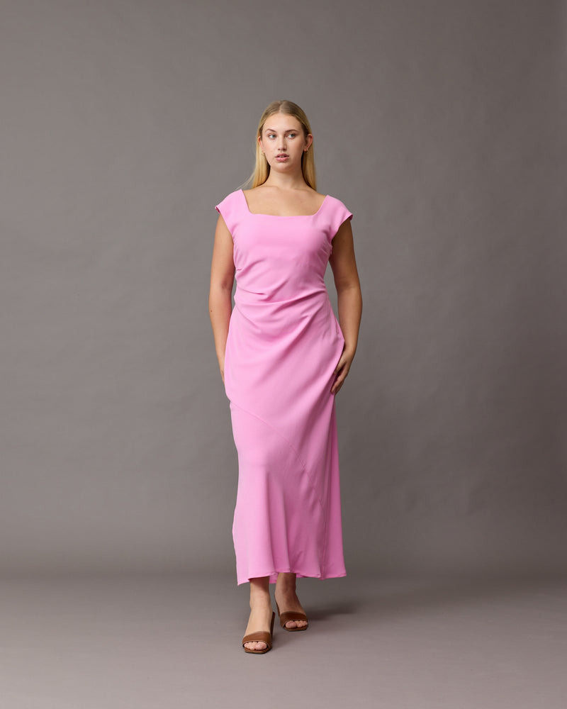 CAMERON DRESS PINK | Cap sleeve midi dress with ruched detailing at the waist, which creates shape throughout. Designed in our iconic Firebird fabric, this dress features a dropped back and a side split...