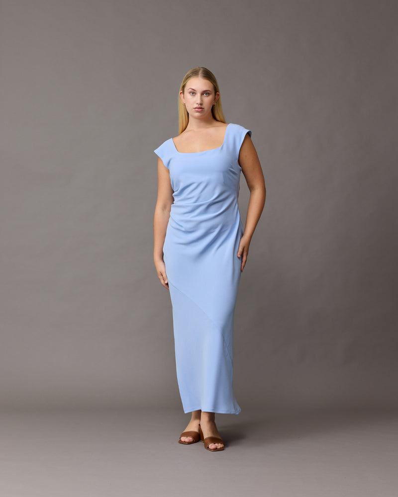 CAMERON DRESS SERENITY | Cap sleeve midi dress with ruched detailing at the waist, which creates shape throughout. Designed in our iconic Firebird fabric, this dress features a dropped back and a side split...