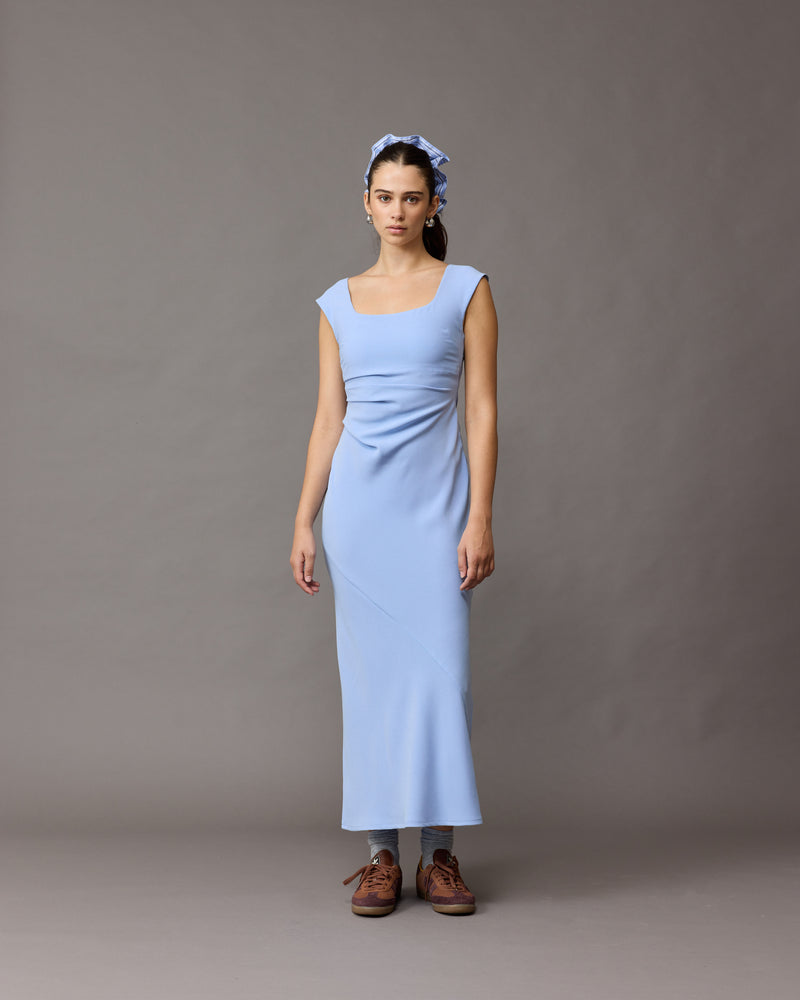 CAMERON DRESS SERENITY | Cap sleeve midi dress with ruched detailing at the waist, which creates shape throughout. Designed in our iconic Firebird fabric, this dress features a dropped back and a side split...