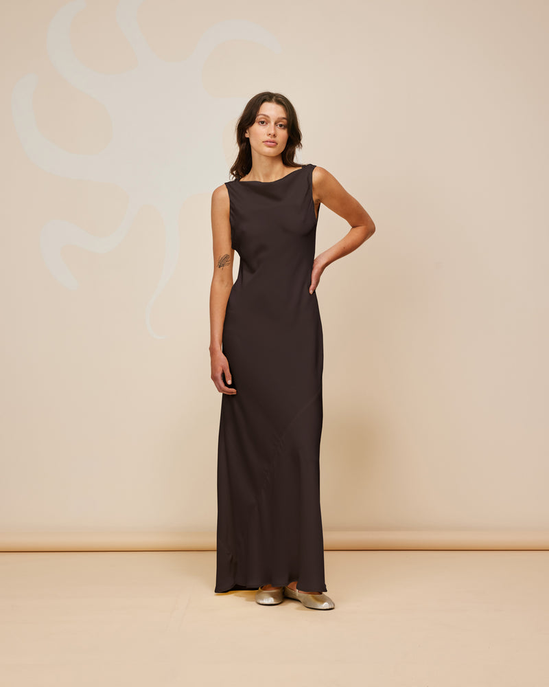 FIREBIRD COWL GOWN ESPRESSO | Sleeveless midi dress crafted in rich espresso satin. Features a minimal silhouette with a cowl back detail and a tie to cinch in the waist.