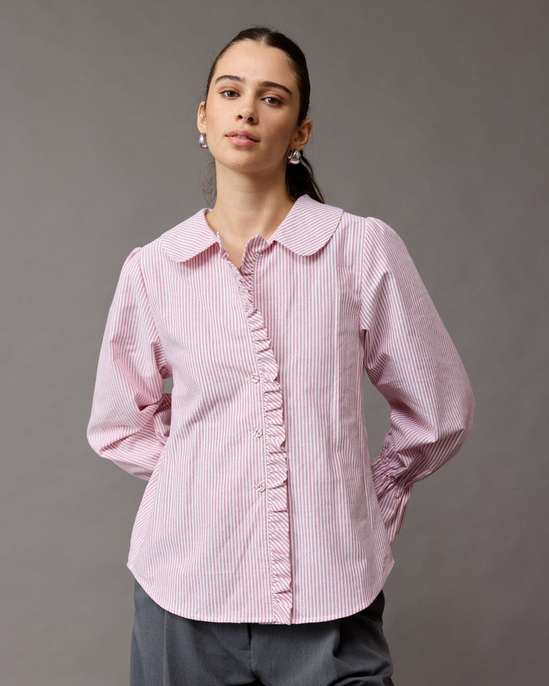 SANDLER RUFFLE SHIRT RED STRIPE | Longsleeve red striped shirt with ruffles down the placket and a rounded collar. This top features elasticated ruffle cuffs, this piece is an elevated take on the classic shirt shape.