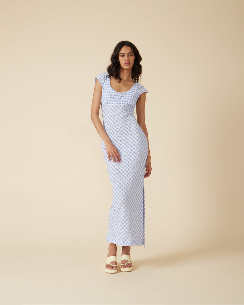 PRISM MIDI DRESS PERIWINKLE GINGHAM | Cap sleeve gingham midi dress with bust detailing and a scoop back. It’s all in the details with this piece, with the gingham featuring a gathered seersucker texture and the...