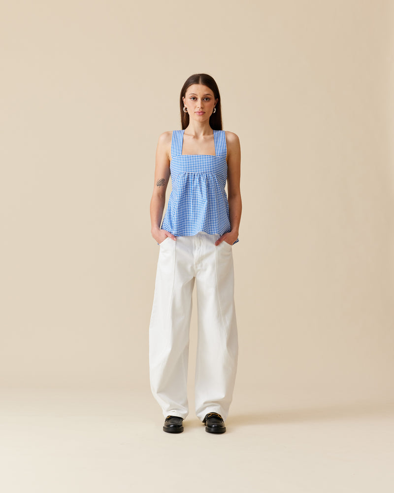 MARGIE TIE-BACK TOP COBALT GINGHAM | Cotton sleeveless top with a square band at the bust. Features a bow tie detail at the back and a cut-out, the cutest summer top worn with your favourite denim....