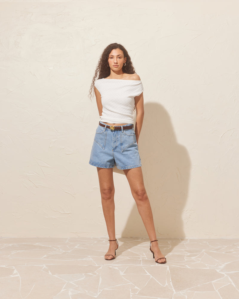 CLOVER DENIM SHORT BLUE | Our classic high waisted denim short in blue, made in a soft washed denim, ready for easy strides and warm weather. It isn't Rubette summer without the Clover Short.