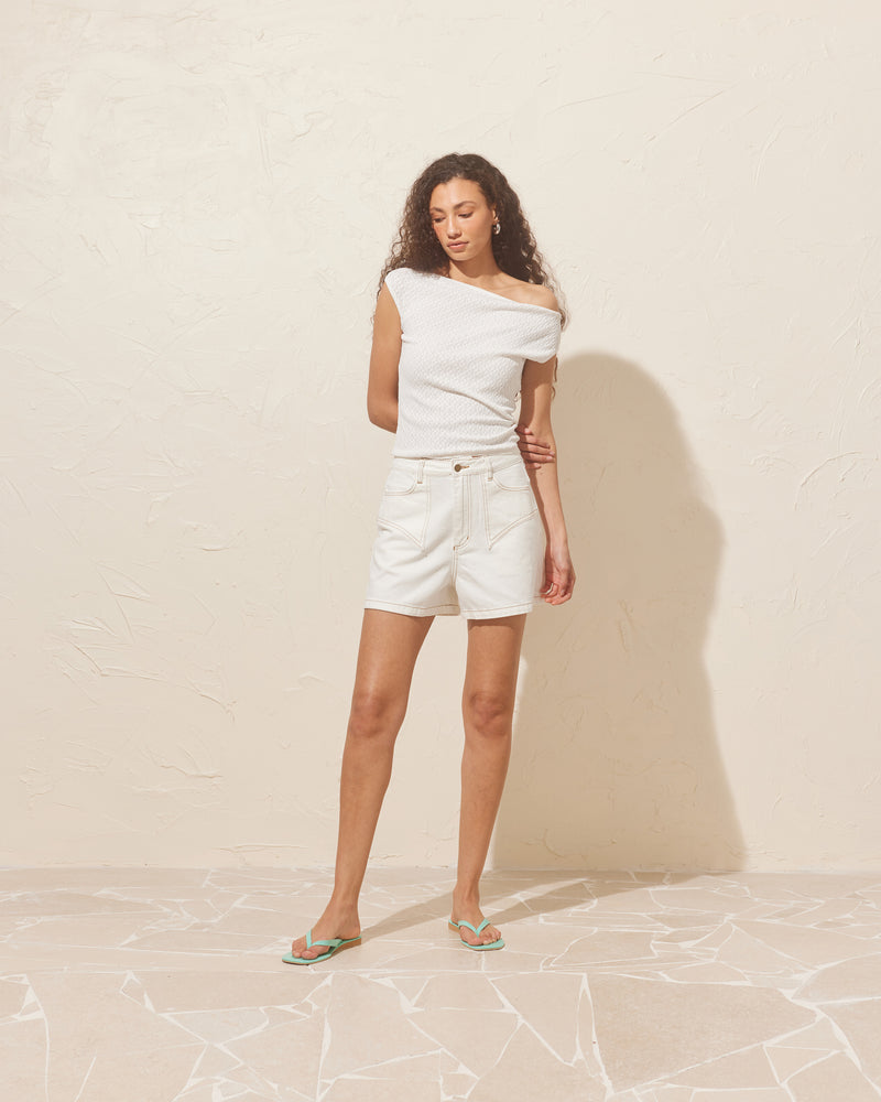 CLOVER DENIM SHORT WHITE | Our classic high waisted denim short in white, made in a soft washed denim, ready for easy strides and warm weather. It isn't Rubette summer without the Clover Short. 