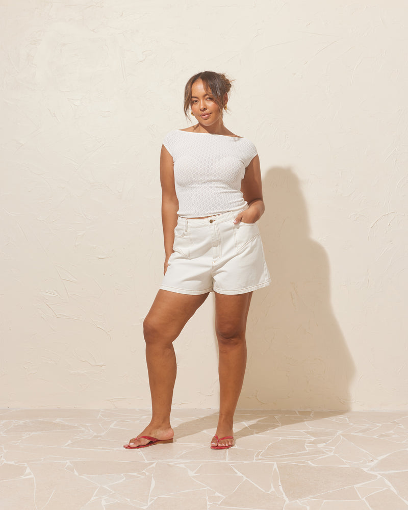 CLOVER DENIM SHORT WHITE | Our classic high waisted denim short in white, made in a soft washed denim, ready for easy strides and warm weather. It isn't Rubette summer without the Clover Short. 