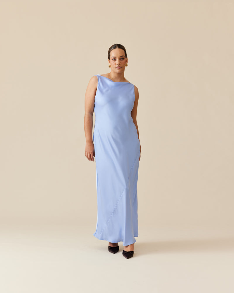 FIREBIRD COWL GOWN SERENITY | Sleeveless midi dress crafted in rich serentiy blue satin. Features a minimal silhouette with a cowl back detail and a tie to cinch in the waist.