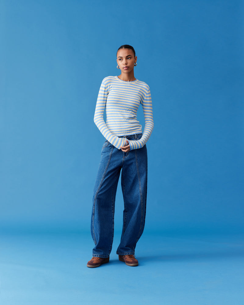 ESME LONG SLEEVE BLUE BUTTER STRIPE | Long sleeve blue and butter striped top, with a super soft hand feel in a mid-weight viscose blend knit. This piece will become an everyday staple.