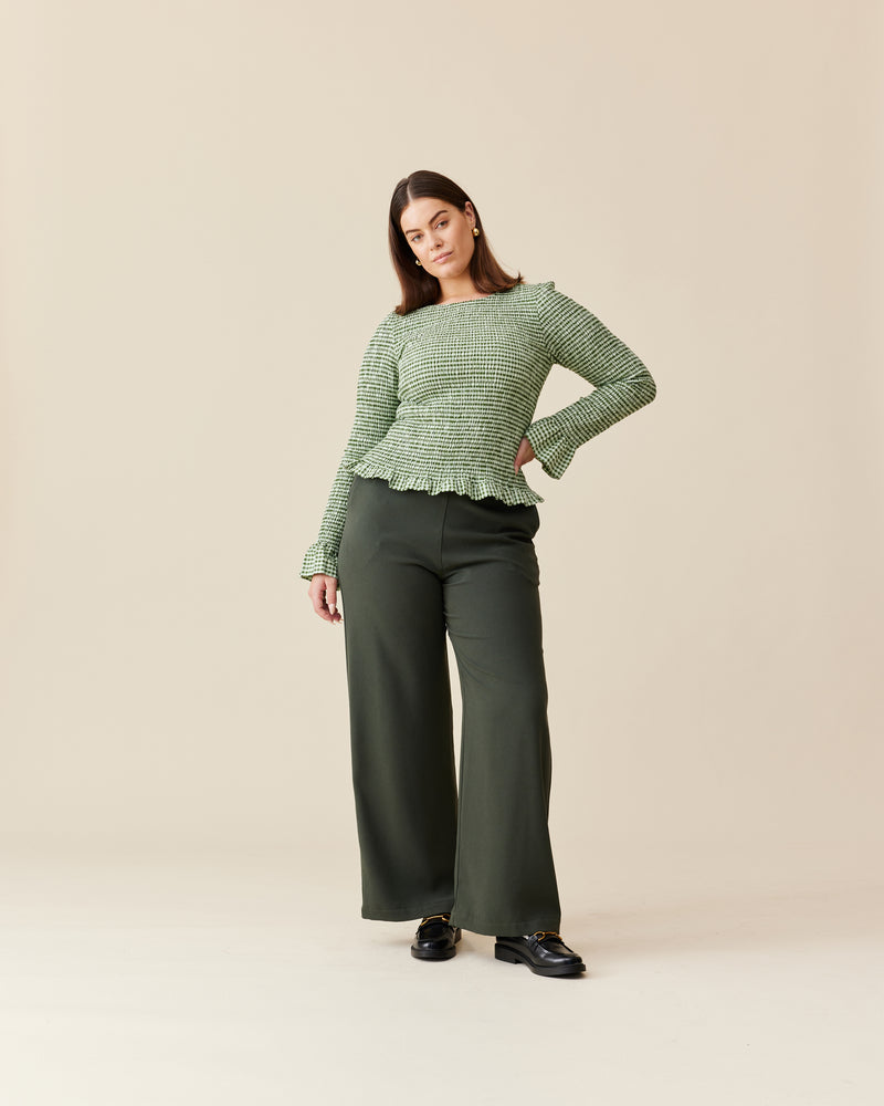 FIREBIRD PANT GREEN GABLE | Classic highwaisted pant with a straight leg silhouette in a new coal colourway. An effortless and versatile piece perfect for work and beyond.