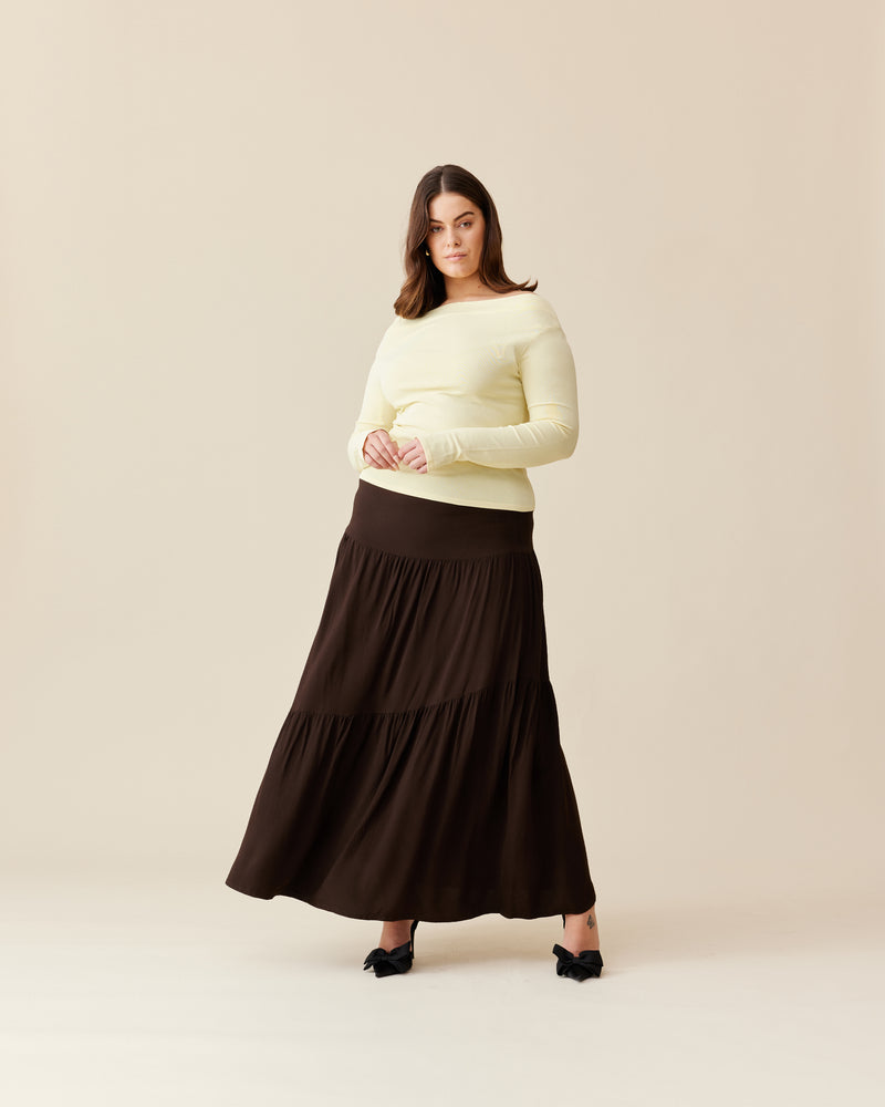 BONITA SKIRT KALAMATA | Tiered maxi skirt crafted in a kalamata colour. A fitted top waist panel contrasts against two gathered tiers giving this piece a floaty appearance and feel.
