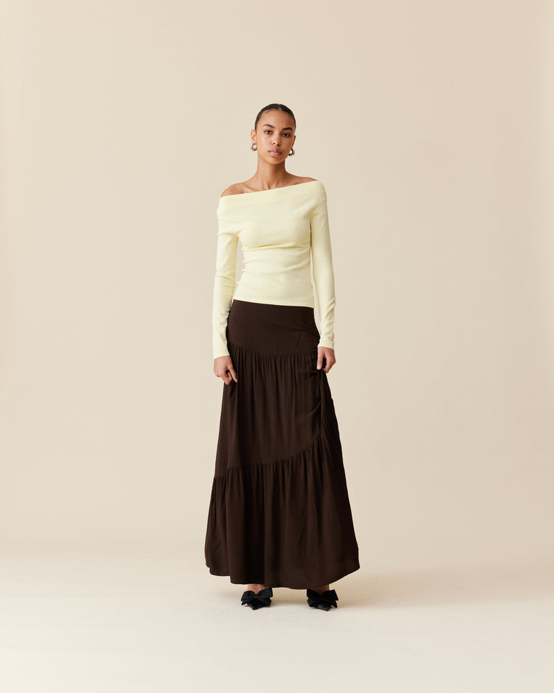 BONITA SKIRT KALAMATA | Tiered maxi skirt crafted in a kalamata colour. A fitted top waist panel contrasts against two gathered tiers giving this piece a floaty appearance and feel.
