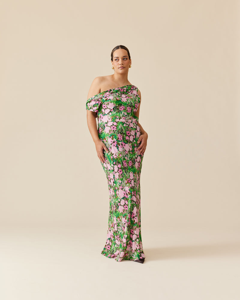 MELON MAXI DRESS AURORA FLORAL | Maxi slip dress with a cowl neckline, designed in our aurora floral crepe. Wear this dress on the shoulder or as a one-shoulder silhouette.
