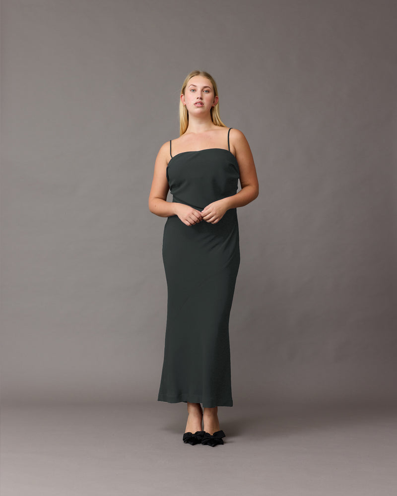 FIREBIRD BODICE DRESS GREEN GABLE | Inspired by our coveted Firebird Bodice﻿, this dress features a nipped in silhouette with spaghetti straps and a back split for ease of movement. 