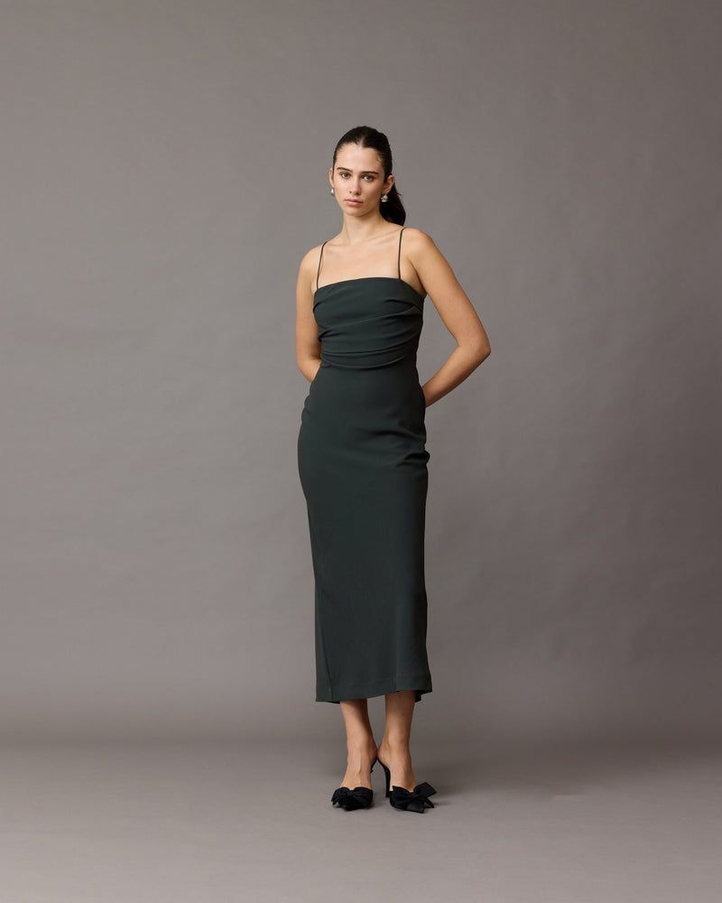 FIREBIRD BODICE DRESS GREEN GABLE | Inspired by our coveted Firebird Bodice﻿, this dress features a nipped in silhouette with spaghetti straps and a back split for ease of movement. 