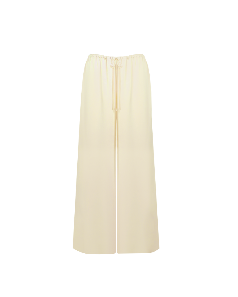 ANDIE SATIN PANT BUTTER | Palazzo style elastic waist pants with a tie, in a luxurious butter coloured satin. These pants are high waisted, uncomplicated and classically cool.