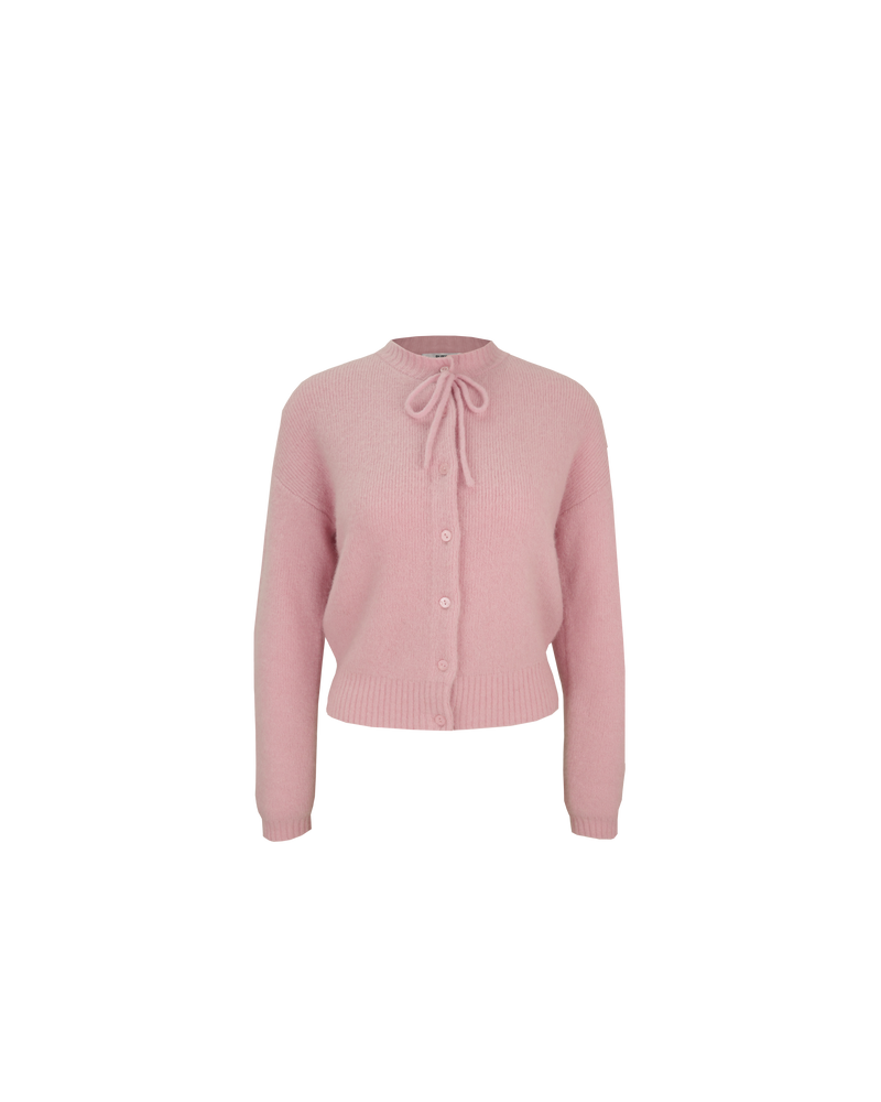 ANNIE CARDIGAN PINK | Crew neck cardigan with a button-down placket, designed in a cosy alpaca wool blend. This cardigan comes with a detachable bow-tie, to style on the cardigan through the buttonhole, in...