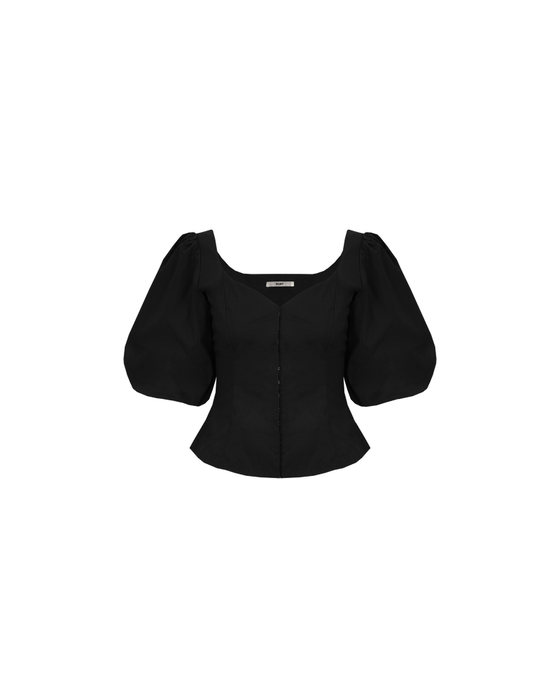 ARIEL BLOUSE BLACK | This piece features a flattering v-neck and a body-hugging silhouette, while a hint of spandex ensures a perfect fit. Featuring a longer puff sleeve, with hook-and-eye closures running up the...