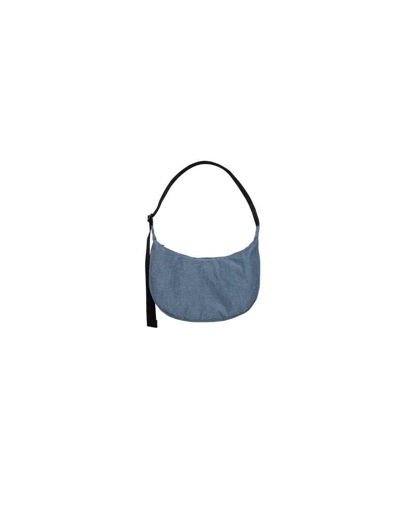 MEDIUM NYLON CRESCENT BAG DIGITAL DENIM | Crescent shaped nylon bag with a feature 'BAGGU' strap. An adjustable strap gives you multiple ways and lengths to wear this bag.