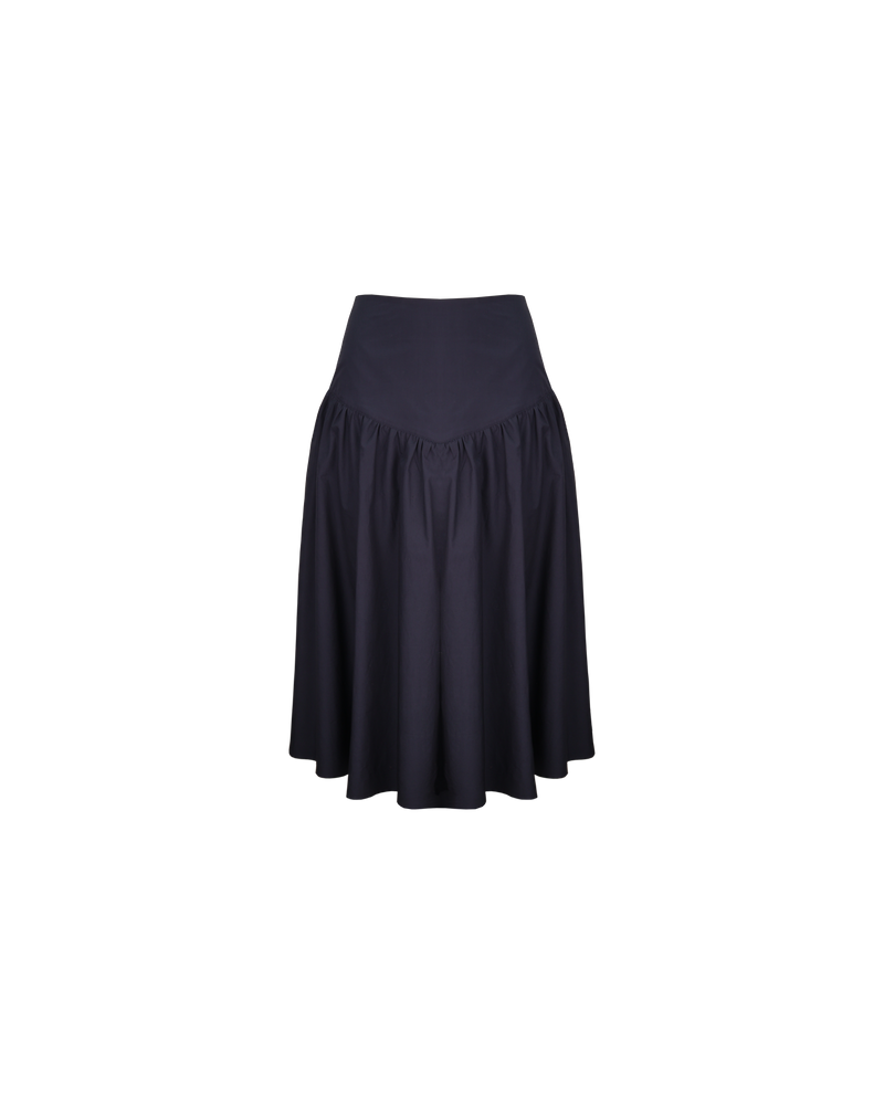 NONI SKIRT NAVY | Floaty basque style midi skirt imagined in a navy cotton fabric. This skirt features a bodice-style waistline, that falls to a full, wide skirt and has a dipped front hemline....