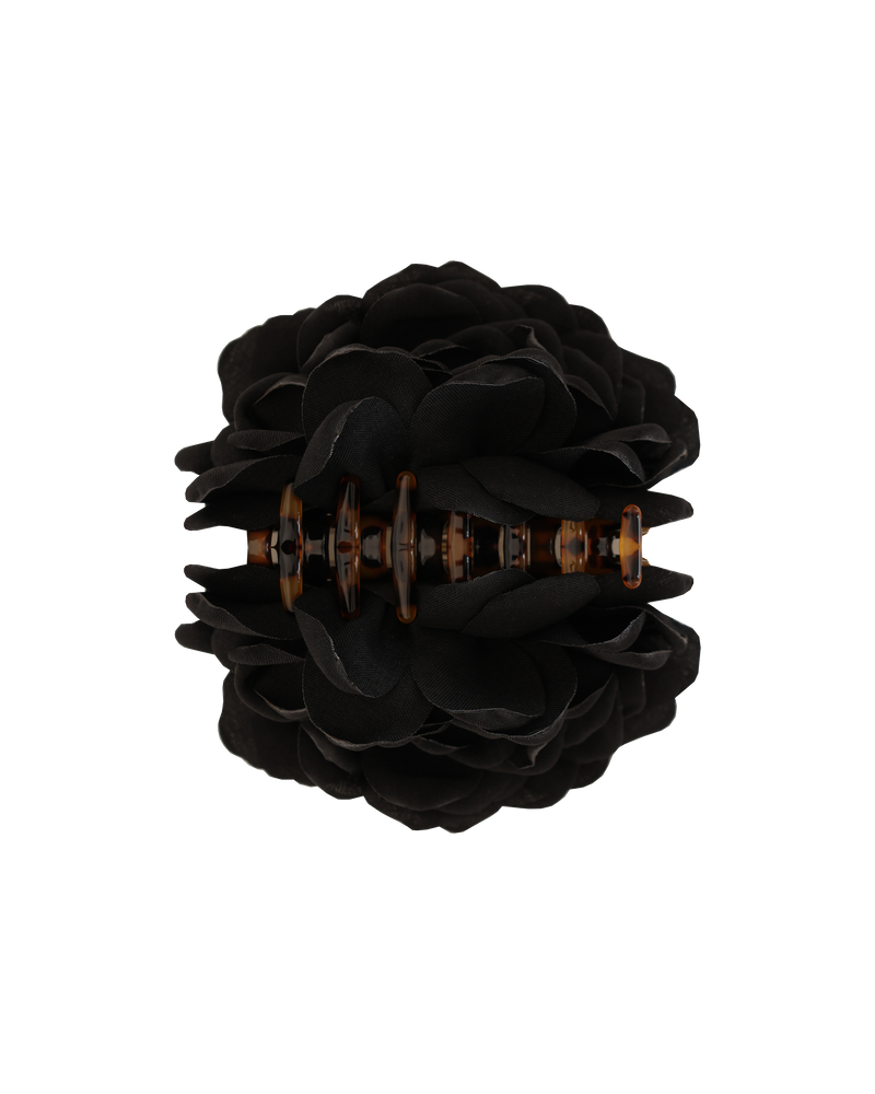 ROSE HAIR CLAW BLACK | Tortoise shell hair claw with a feature rose attached to each side of the clip. The cutest floral accessory to add to any outfit!