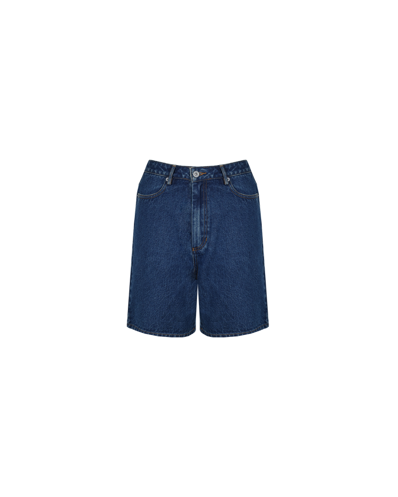 BLINK DENIM SHORT INDIGO | Vintage inspired low waisted short designed in an indigo mid-weight cotton denim. Sitting slightly A-line, this piece offers a longer length & relaxed fit.