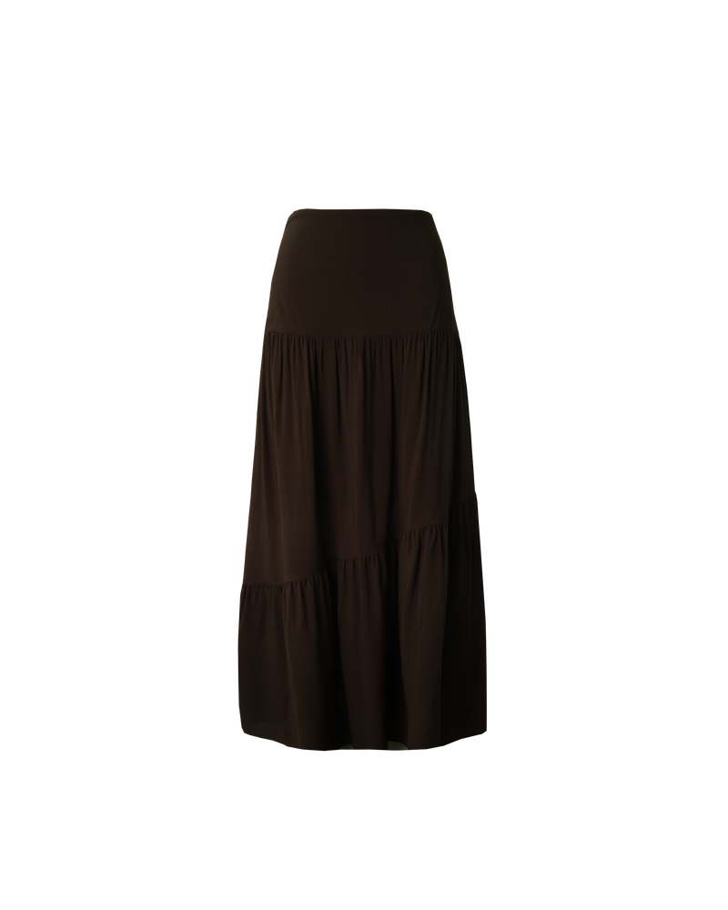 BONITA SKIRT KALAMATA | Tiered maxi skirt crafted in a kalamata colour. A fitted top waist panel contrasts against two gathered tiers giving this piece a floaty appearance and feel.
