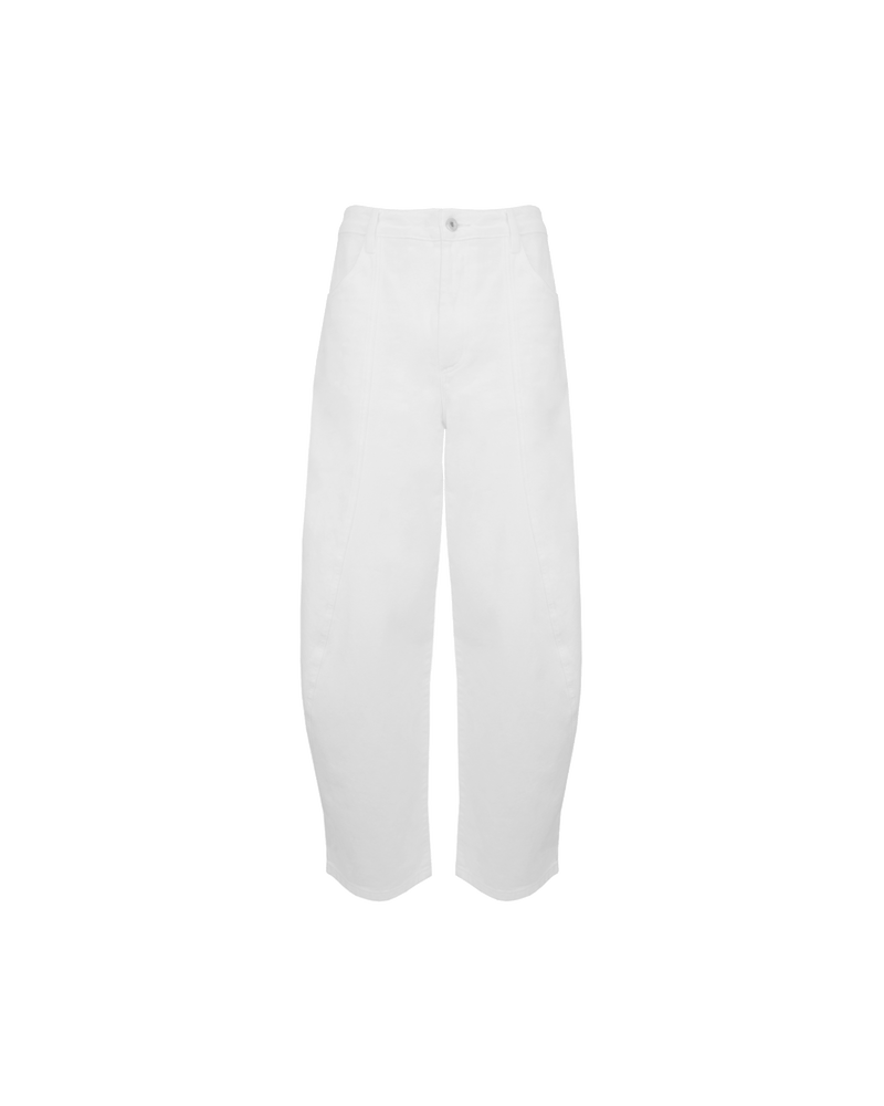 BUZZ JEAN WHITE | Barrel-leg jean designed in a white denim. Sits mid-waisted and features panel detailing down the front that wraps to the side seam.
