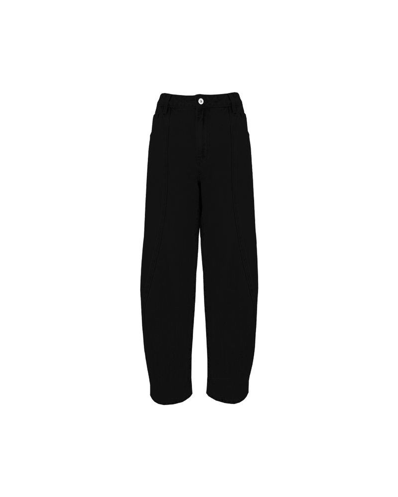 BUZZ PANT BLACK | Barrel-leg pant designed in a mid-weight cotton drill fabric. Sits mid-waisted and features panel detailing down the front that wraps to the side seam.
