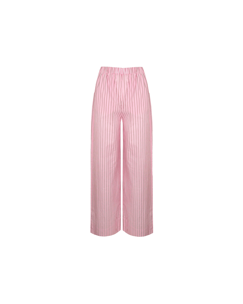 CASH PANT PINK RED STRIPE | Straight leg cotton pant with an elastic waistband, designed in pink and red striped cotton. These pants sit relaxed and wide and have side and back pockets. A trans seasonal...