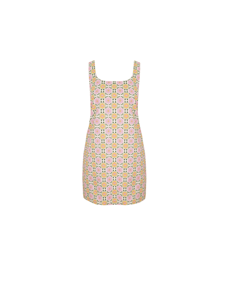 CECE TUNIC MINI DRESS MOSAIC | Shift-style mini dress designed in a pink mosaic printed drill. This dress has a square, scooped neckline with wider straps that will hide any straps underneath. 
