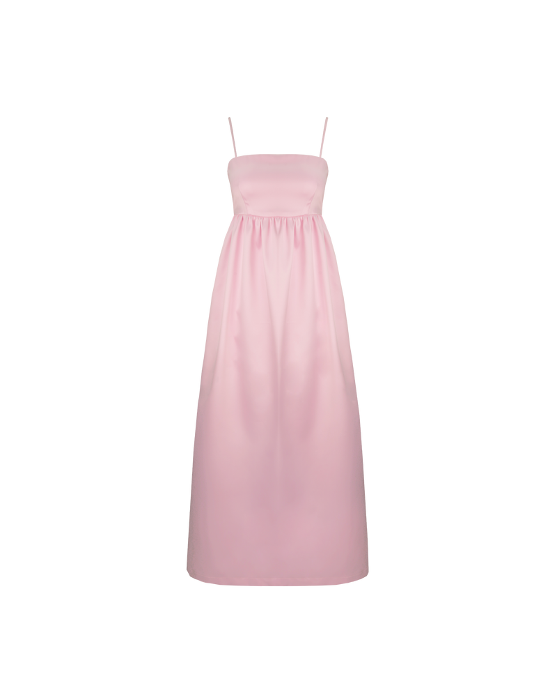 CHER MAXI DRESS SOFT PINK | A-line maxi dress designed in a luxe heavy-weight satin. This dress has a square banded bust with darts for shaping, and falls to a softly gathered skirt with pockets. Simple...