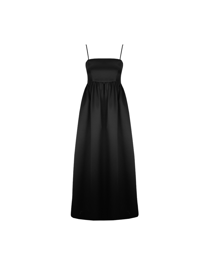 CHER MAXI DRESS BLACK | A-line maxi dress designed in a luxe heavy-weight satin. This dress has a square banded bust with darts for shaping, and falls to a softly gathered skirt with pockets. Simple...