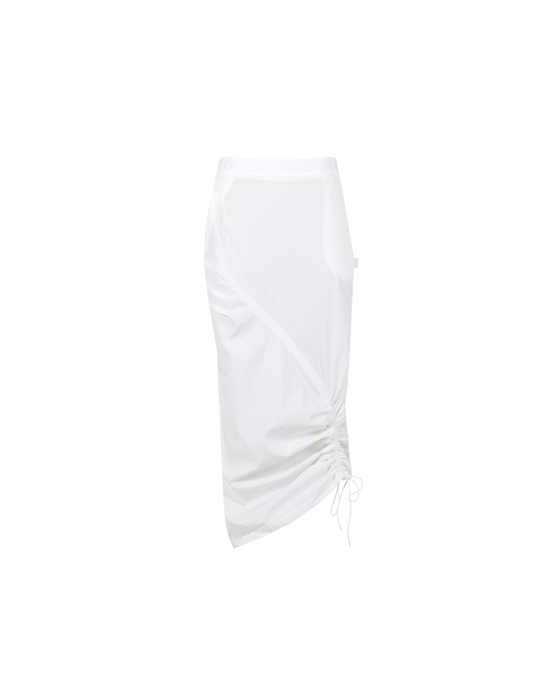 DONOVAN TIE SKIRT WHITE | Cargo style skirt with an asymmetrical drawstring that runs through the skirt giving you mutliple ways to play with styling. This skirt is designed to sit mid waist and has a...