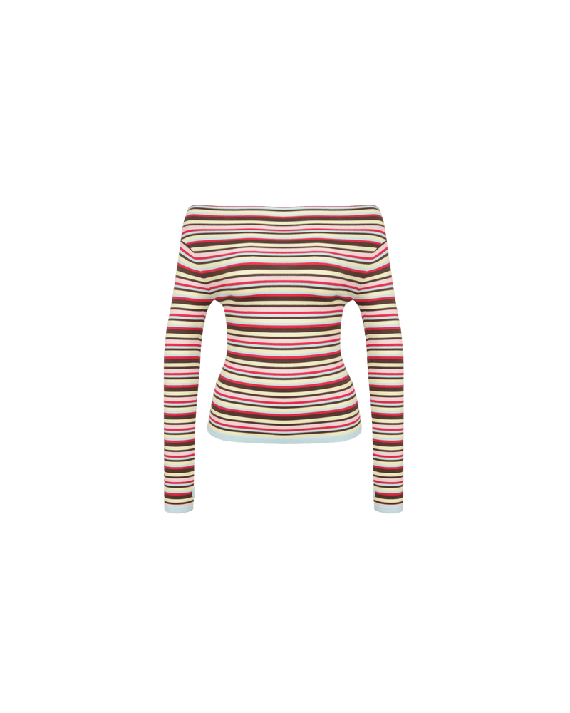 EMMA KNIT LONG SLEEVE  CANDY STRIPE | Off-shoulder long sleeve knitted top crafted in a candy striped mid-weight knit. This top is simple yet elegant and can be worn on or off the shoulder.
