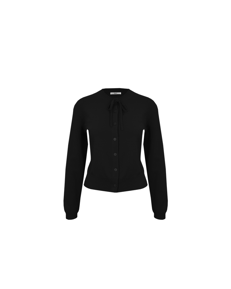 EMMA CARDIGAN BLACK | Crew neck cardigan with a button-down front, designed in luxe viscose knit. This cardigan comes with a detachable bow-tie, to style on the cardigan through the buttonhole, in your hair,...