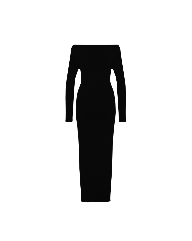 EMMA KNIT LONG SLEEVE DRESS BLACK | Long sleeve midi dress crafted in a mid-weight knit. This dress is simple yet elegant and can be worn on or off the shoulder.