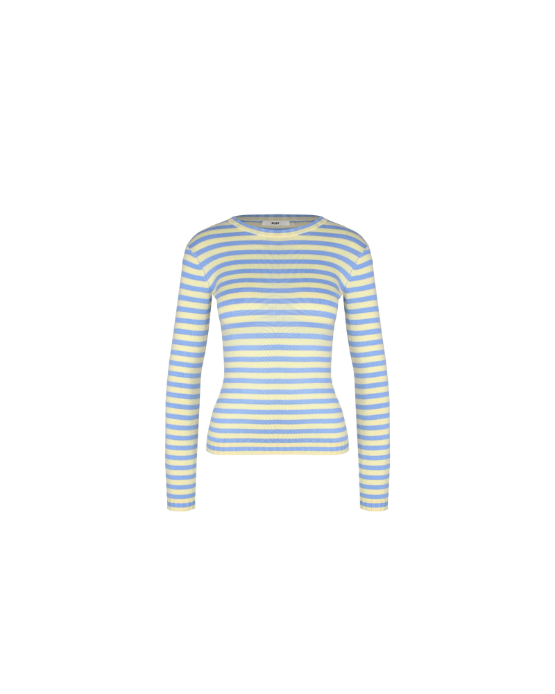 ESME LONG SLEEVE BLUE BUTTER STRIPE | Long sleeve blue and butter striped top, with a super soft hand feel in a mid-weight viscose blend knit. This piece will become an everyday staple.