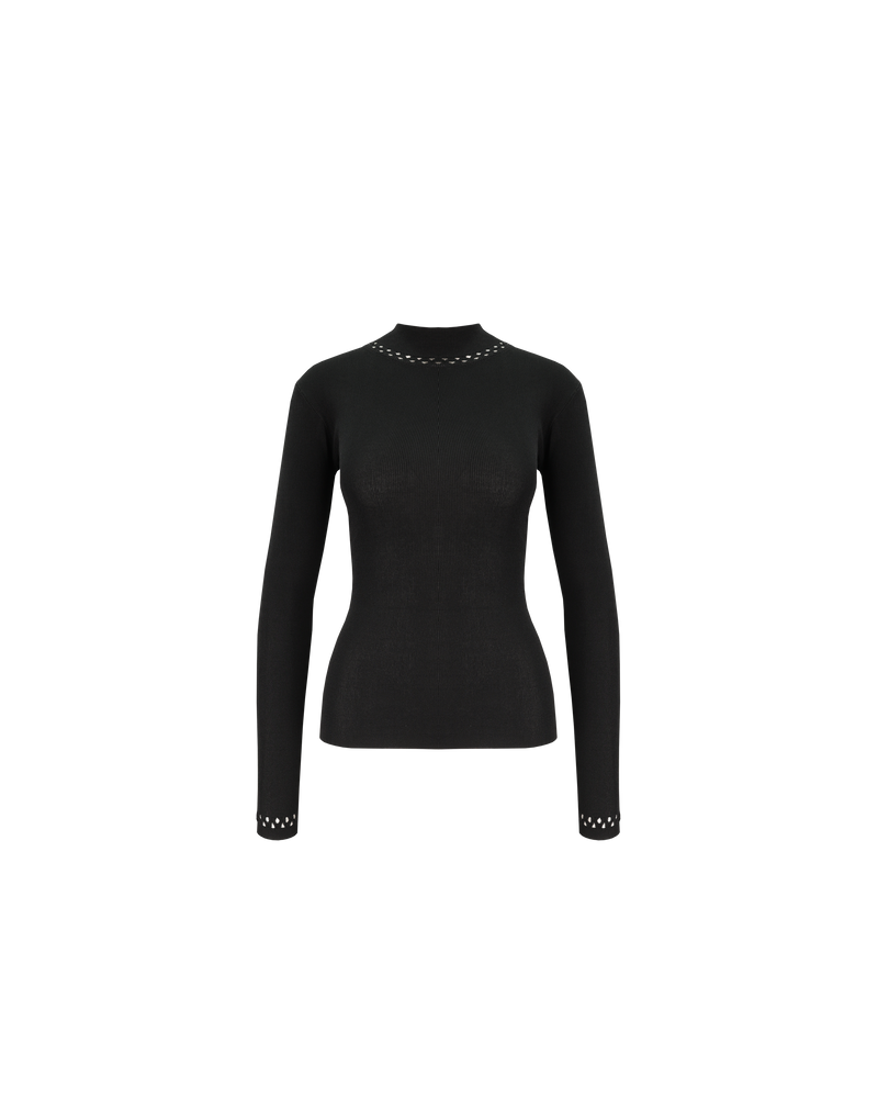 FABIENNE TURTLENECK BLACK | Long sleeve knitted top with a high neck. This top features lattice cutouts at the neck and sleeve hems, that elevate this staple piece.