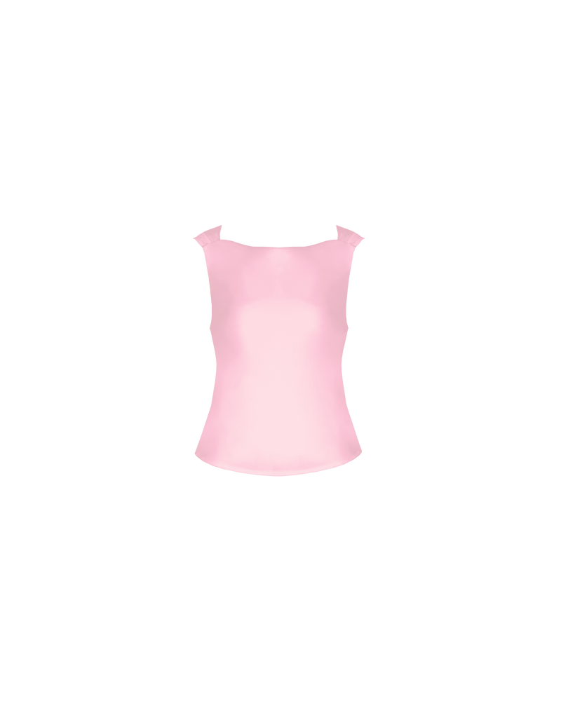 FIREBIRD COWL SLEEVELESS TOP FESTIVAL BLOOM | Sleeveless top crafted in a luxe festival bloom pink satin. Features a minimal silhouette with a cowl back detail and a tie to cinch in the waist.
